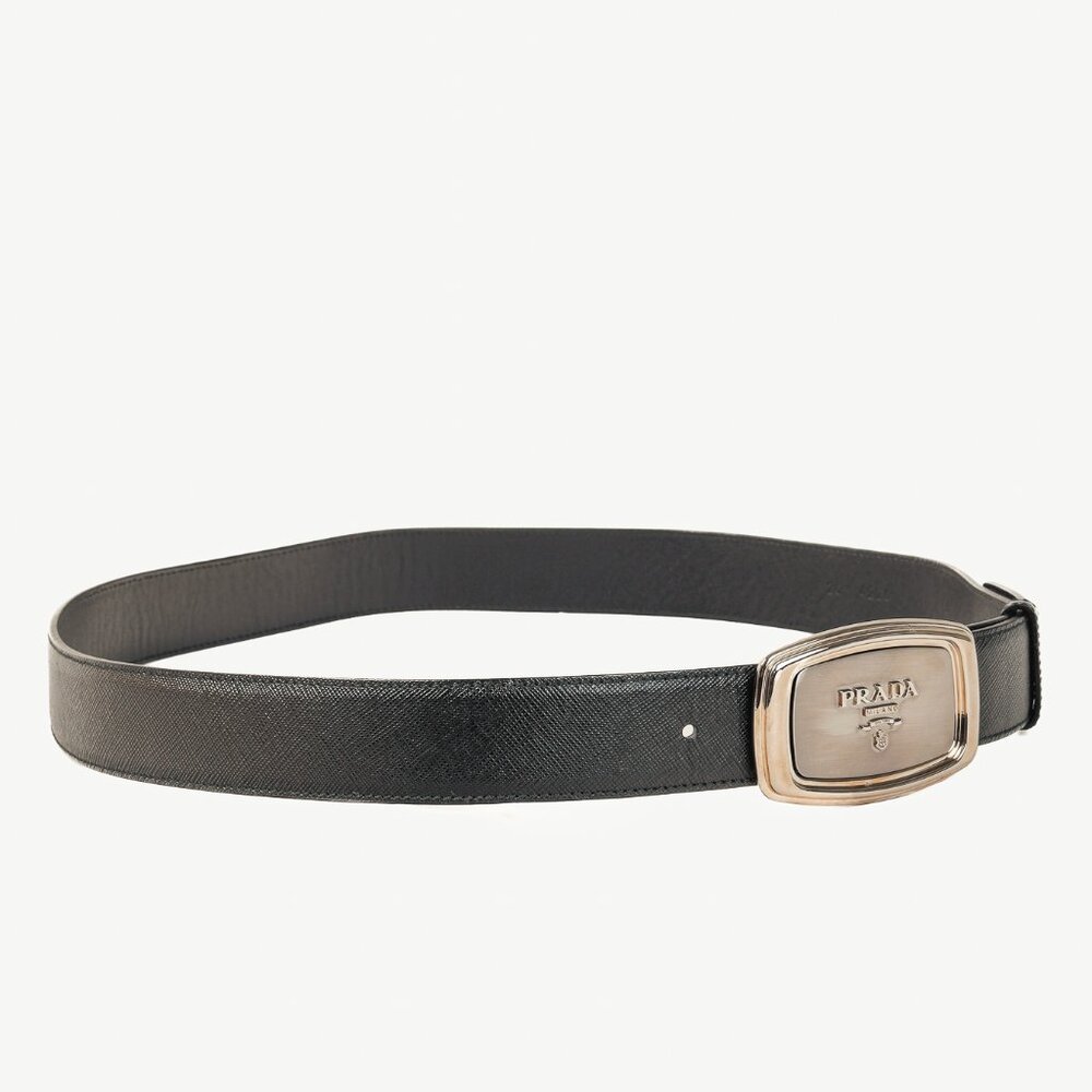 Prada Black Saffiano-Leather Logo-Buckle Belt